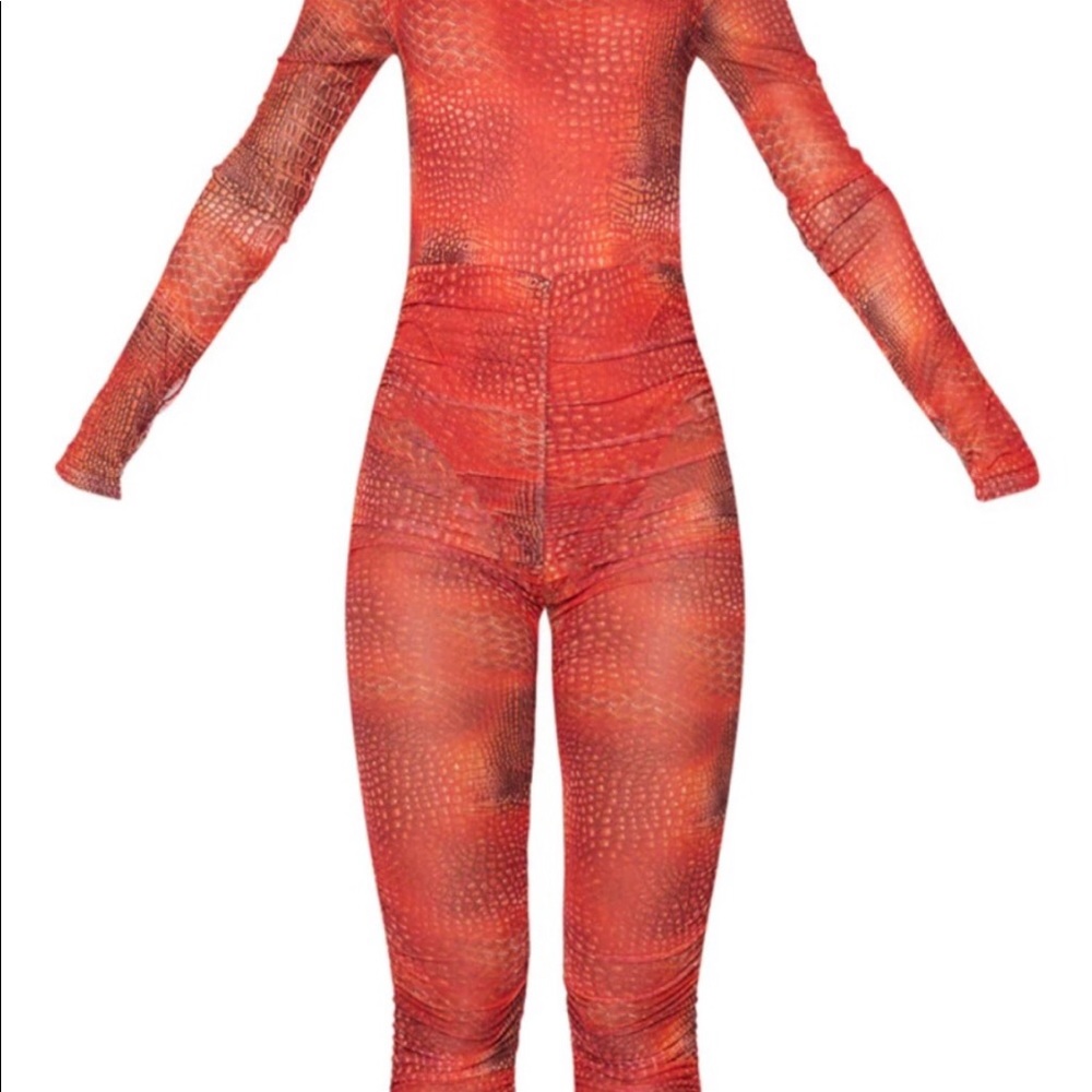 LIKE NEW PLT Red-Orange Croc Print Ruched Mesh Bardot Jumpsuit Full Bodysuit 4US - Picture 6 of 7